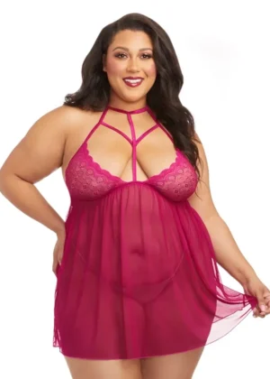 Strappy Lace Mesh Babydoll Magenta