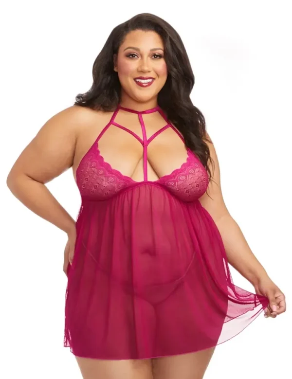 Strappy Lace Mesh Babydoll Magenta