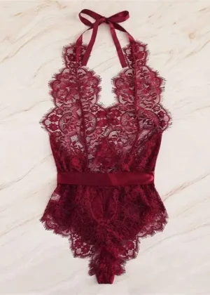 Patterned Lace Halter Teddy