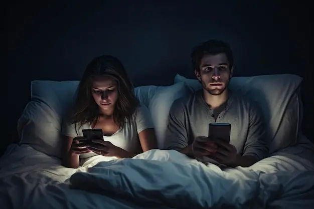 young-couple-using-their-cell-phone-bed