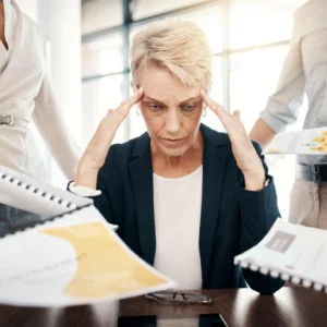 Business woman, stress, burnout and documents with staff question