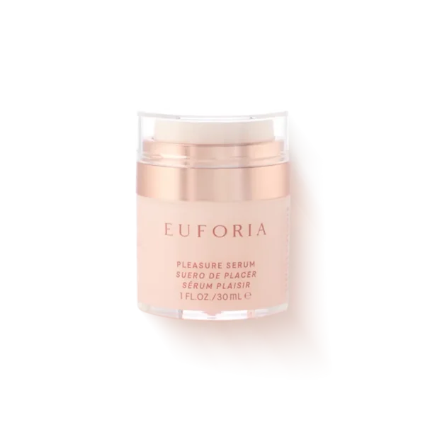 Bottle of Euforia Pleasure Serum with a rose-gold cap and blush-pink label on a light background